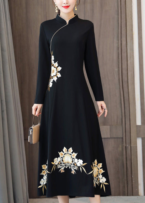 Black Patchwork Cotton Dresses Embroidered Stand Collar Fall