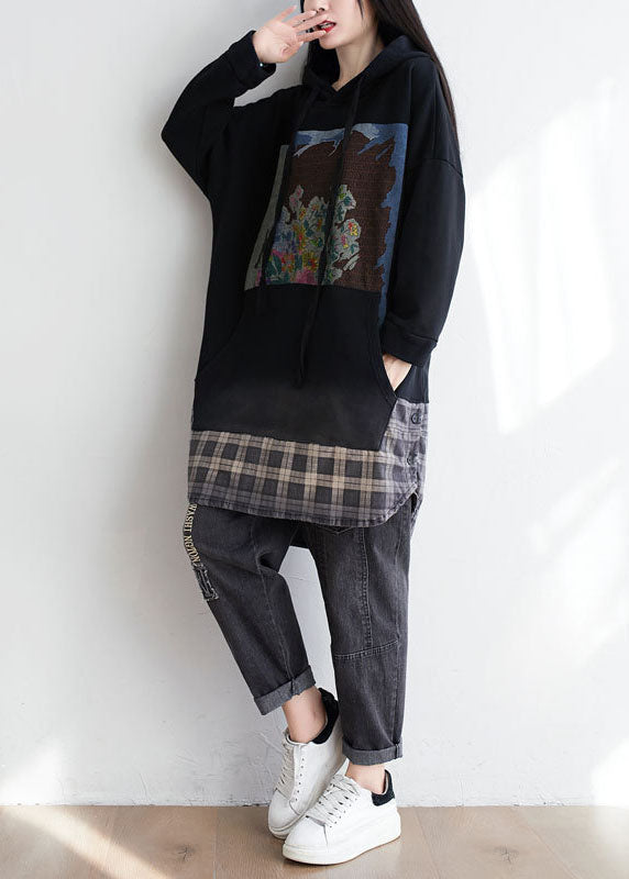 Black Patchwork Cotton Pullover Sweatshirt Dress Oversized Print Spring