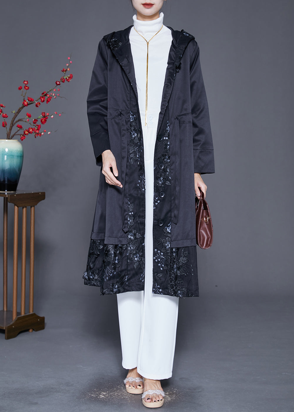 Black Patchwork Cotton Trench Embroidered Hooded Fall