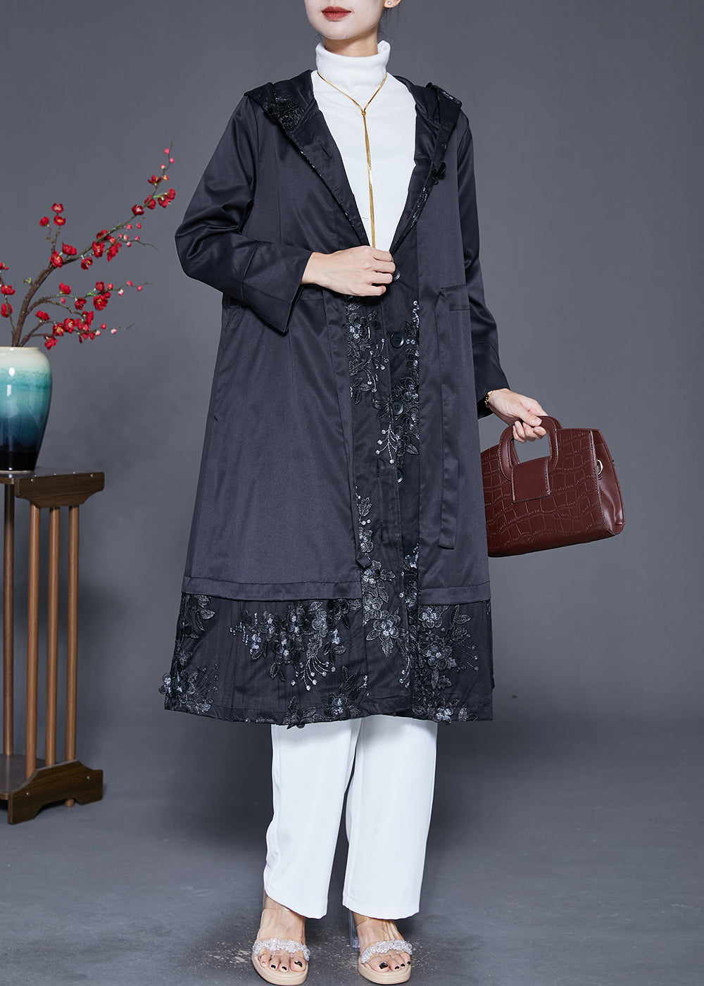 Black Patchwork Cotton Trench Embroidered Hooded Fall