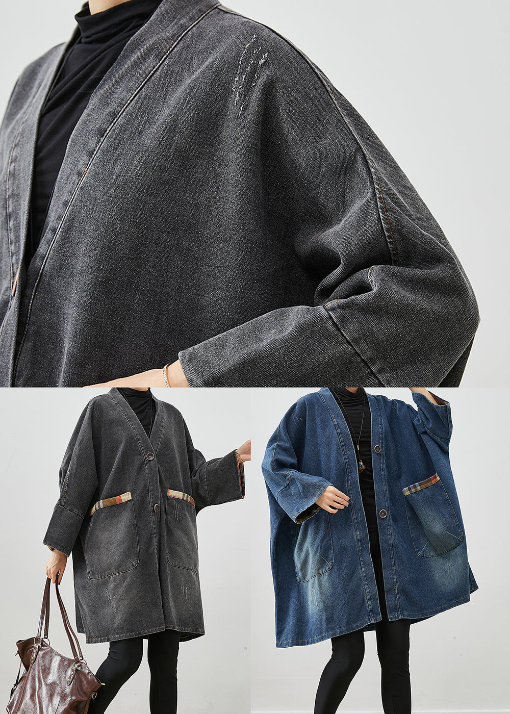 Black Patchwork Denim Trench Coat Outwear Oversized Fall