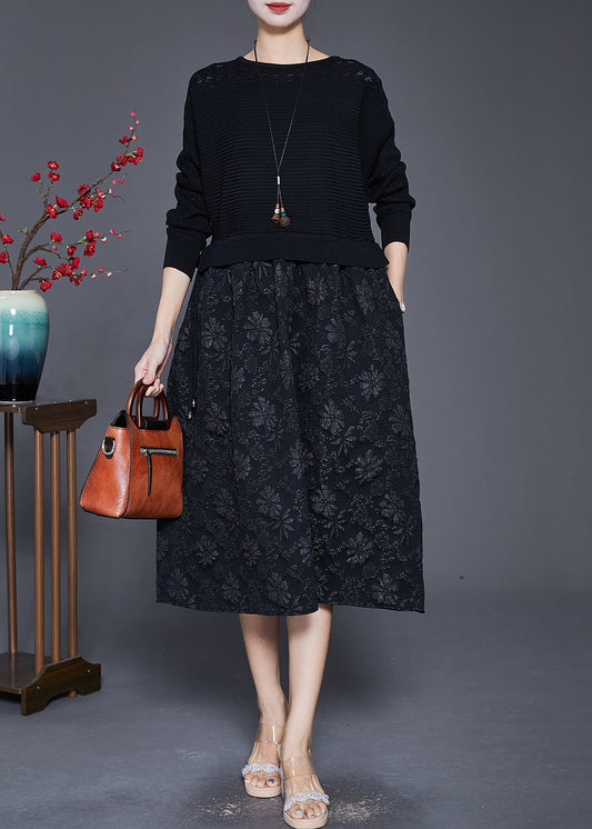 Black Patchwork Knit Holiday Dresses Jacquard Fall