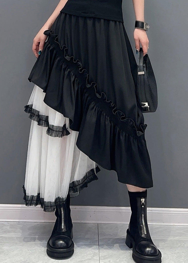 Black Patchwork Tulle Skirts Ruffled Asymmetrical Summer