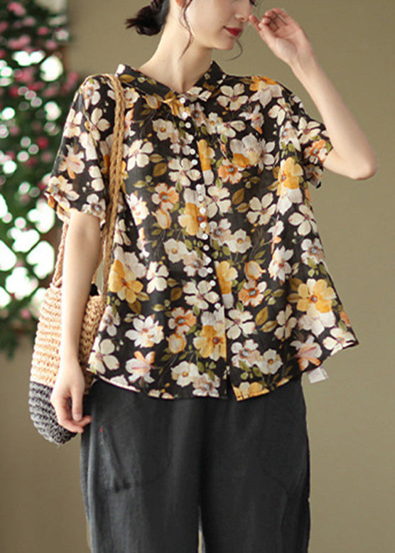 Black Peter Pan Collar Ramie Shirt Summer