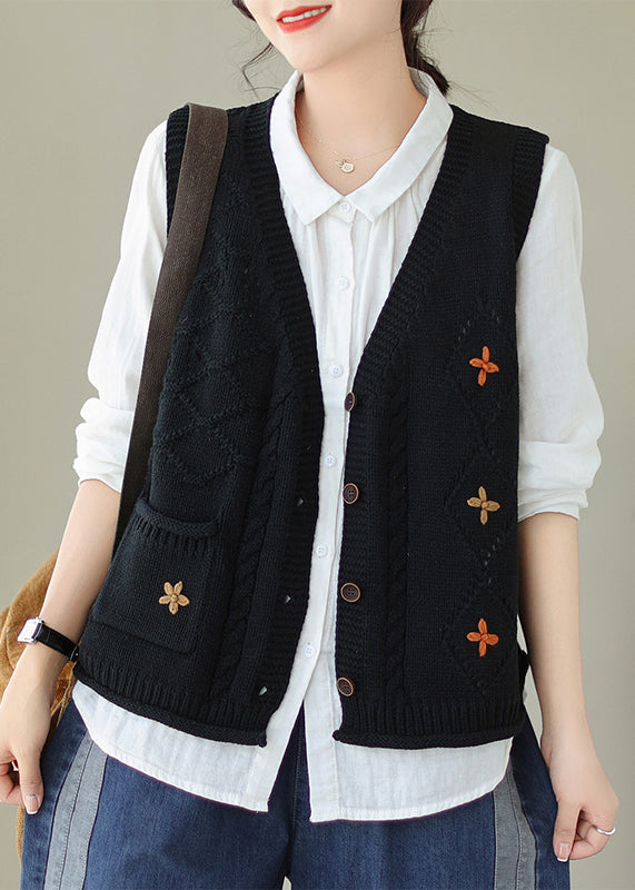 Black Pockets Knit Vest V Neck Button Sleeveless