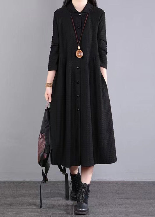 Black Pockets Patchwork Cotton Shirts Dress Peter Pan Collar Fall