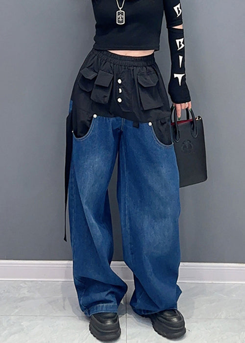 Black Pockets Patchwork Denim Pants High Waist