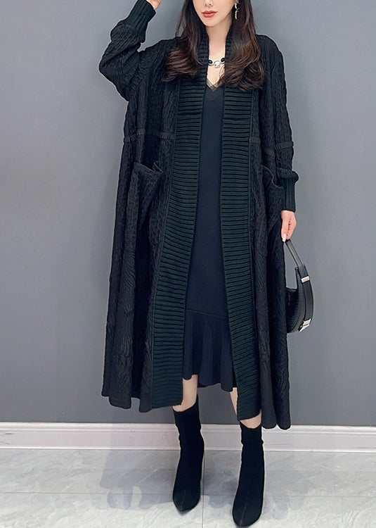 Black Pockets Patchwork Long Knit Cardigans V Neck Fall