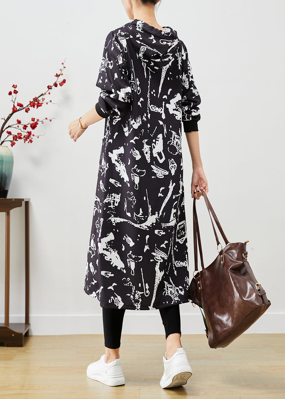 Black Print Cotton Sweatshirt Dress Hooded Pockets Fall