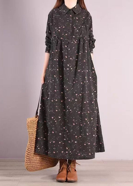 Black Print Patchwork Cotton Long Dresses Peter Pan Collar Fall