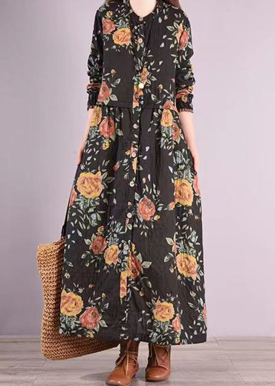 Black Print Pockets Patchwork Cotton Long Dress Stand Collar Fall