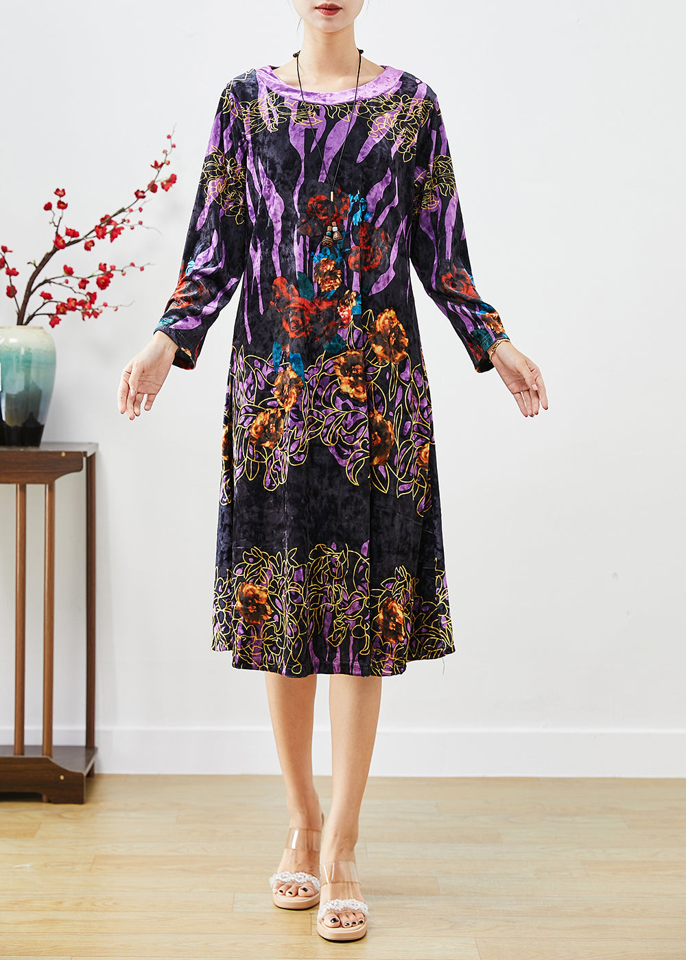 Black Print Silk Velour Mid Dress O-Neck Fall