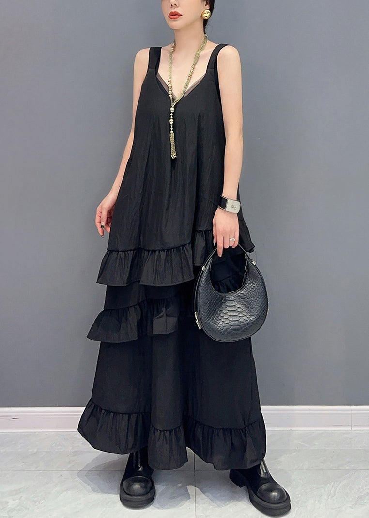 Black Ruffled Patchwork Cotton Long Dresses U Neck Summer