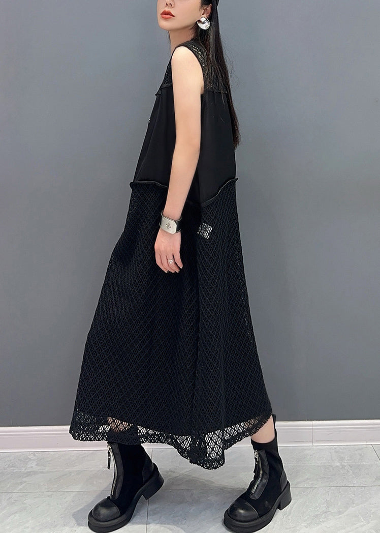 Black Side Open Patchwork Knit Dresses O Neck Summer