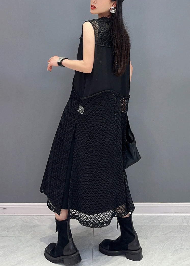 Black Side Open Patchwork Knit Dresses O Neck Summer