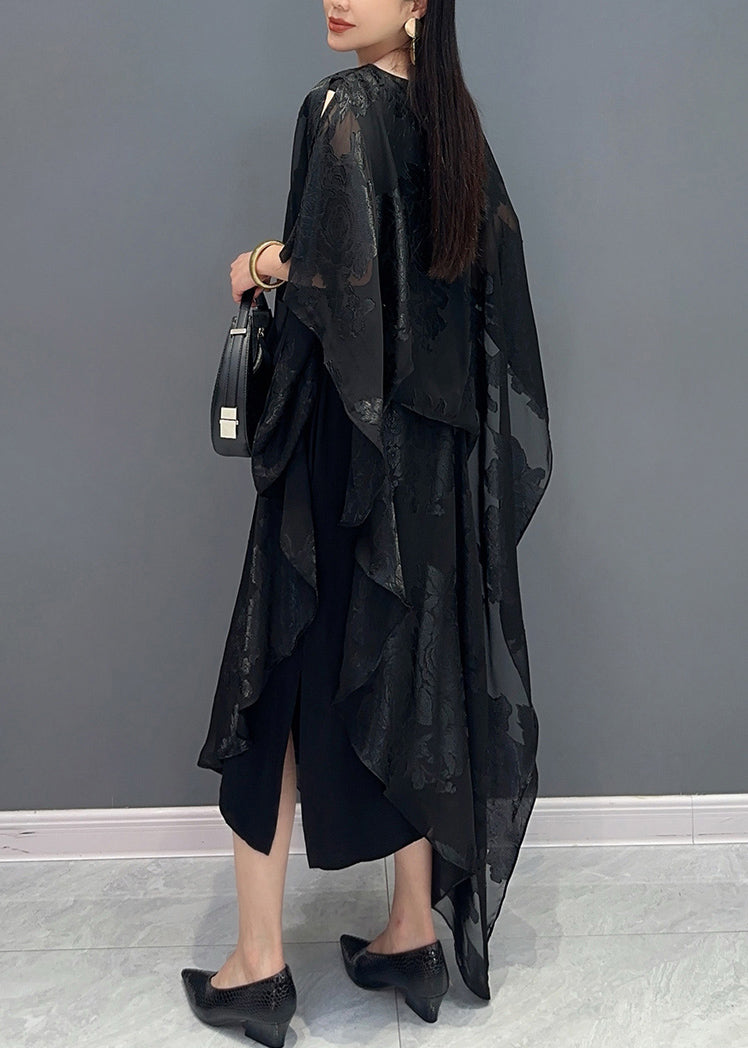 Black Side Open Silk Maxi Dress Batwing Sleeve