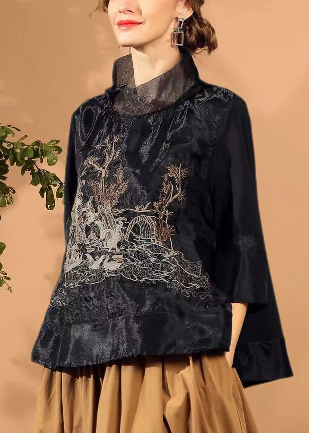 Black Tulle Patchwork Silk Blouses Embroidered Bracelet Sleeve