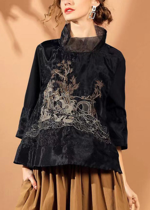 Black Tulle Patchwork Silk Blouses Embroidered Bracelet Sleeve