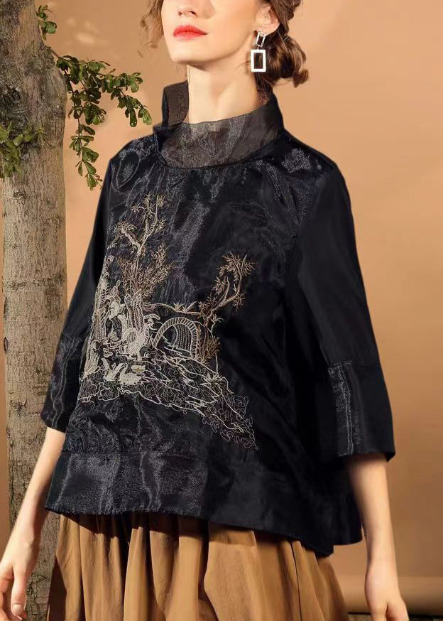 Black Tulle Patchwork Silk Blouses Embroidered Bracelet Sleeve