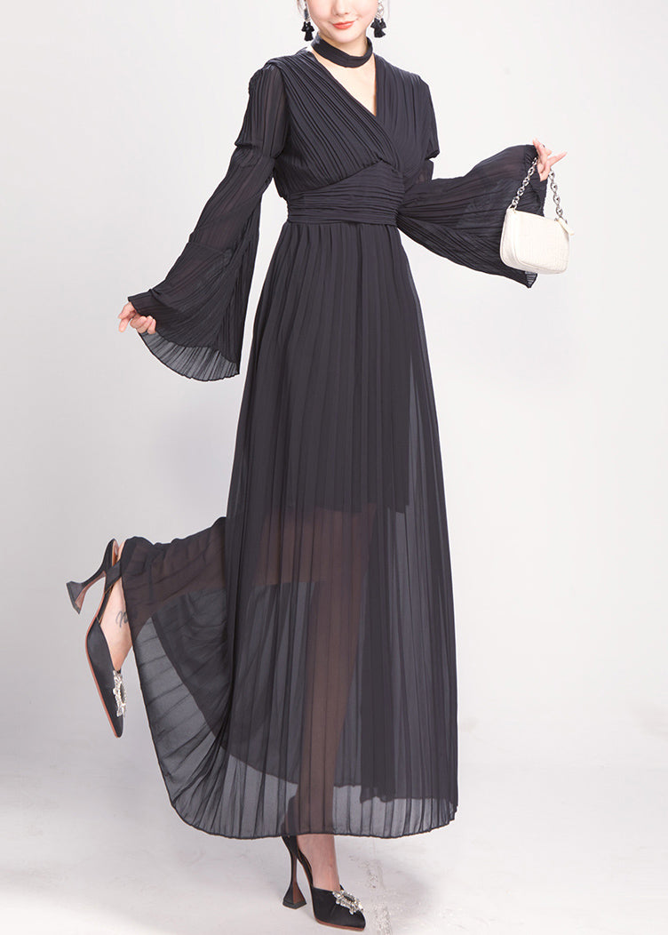 Black Wrinkled Chiffon Holiday Dress V Neck Flare Sleeve