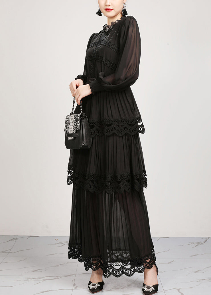 Black Wrinkled Lace Patchwork Chiffon LongDresses Fall