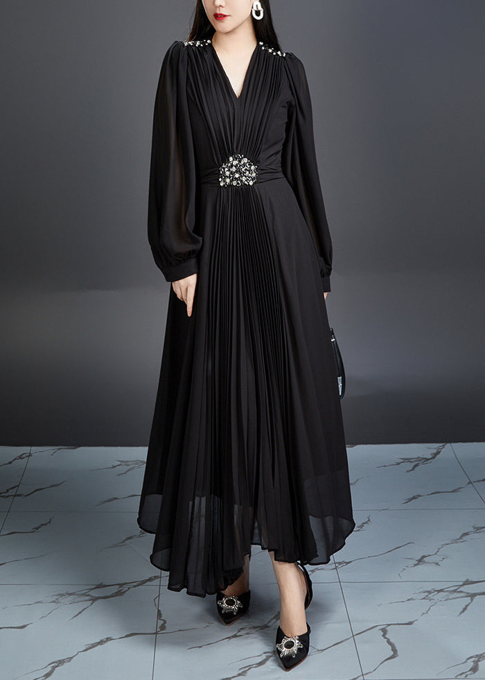 Black Zircon Chiffon Long Dresses V Neck Long Sleeve