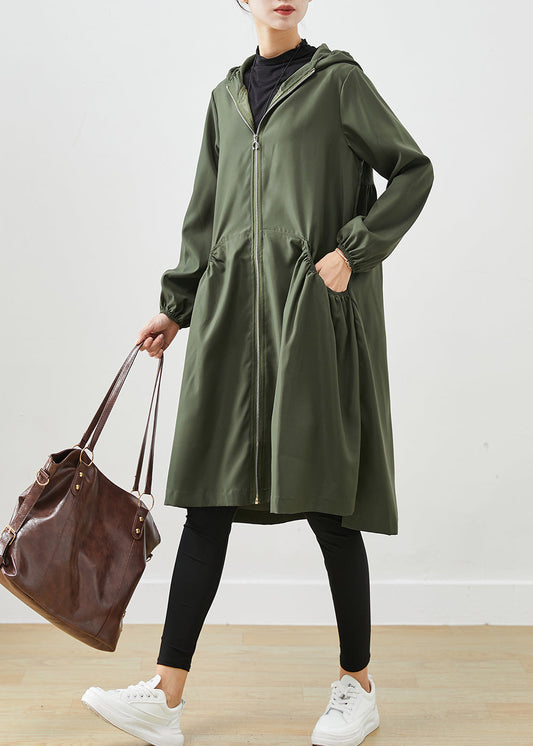 Blackish Green Cotton Coat Outwear Hooded Wrinkled Fall