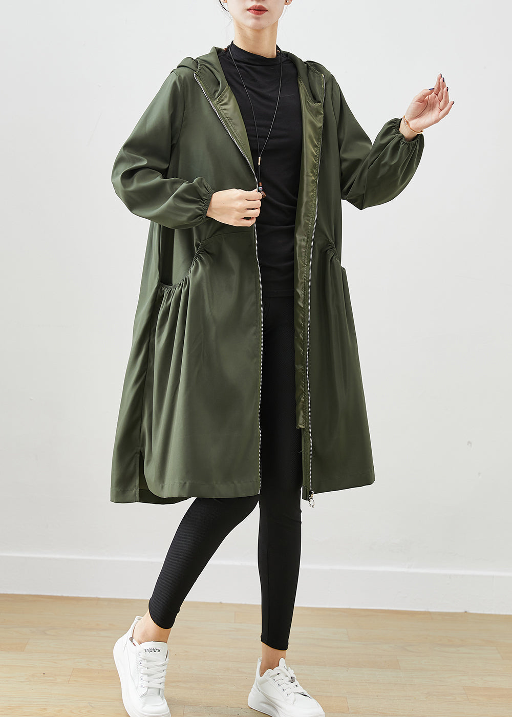 Blackish Green Cotton Coat Outwear Hooded Wrinkled Fall