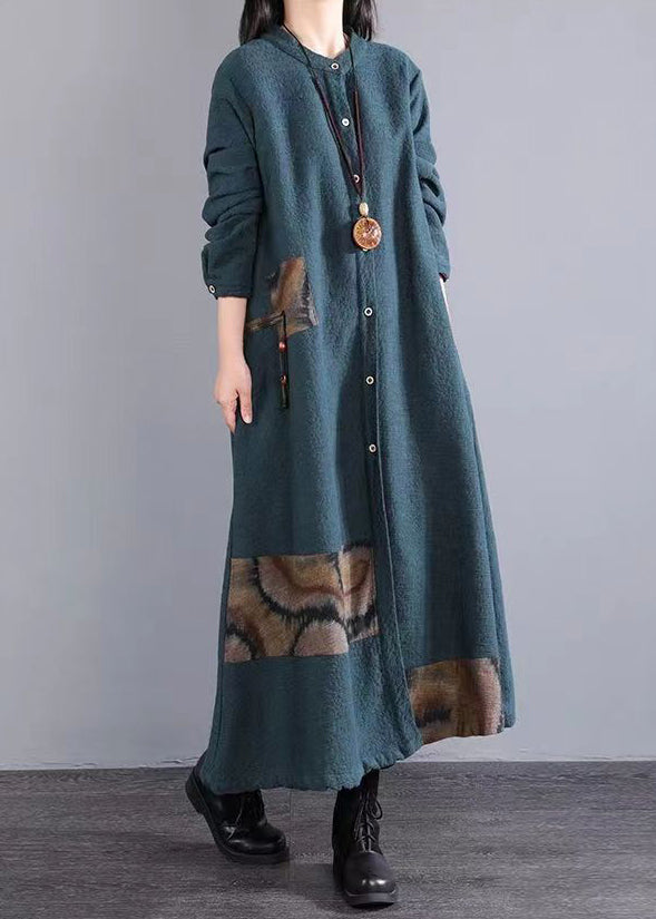 Blackish Green Pockets Patchwork Cotton Dress Stand Collar Fall