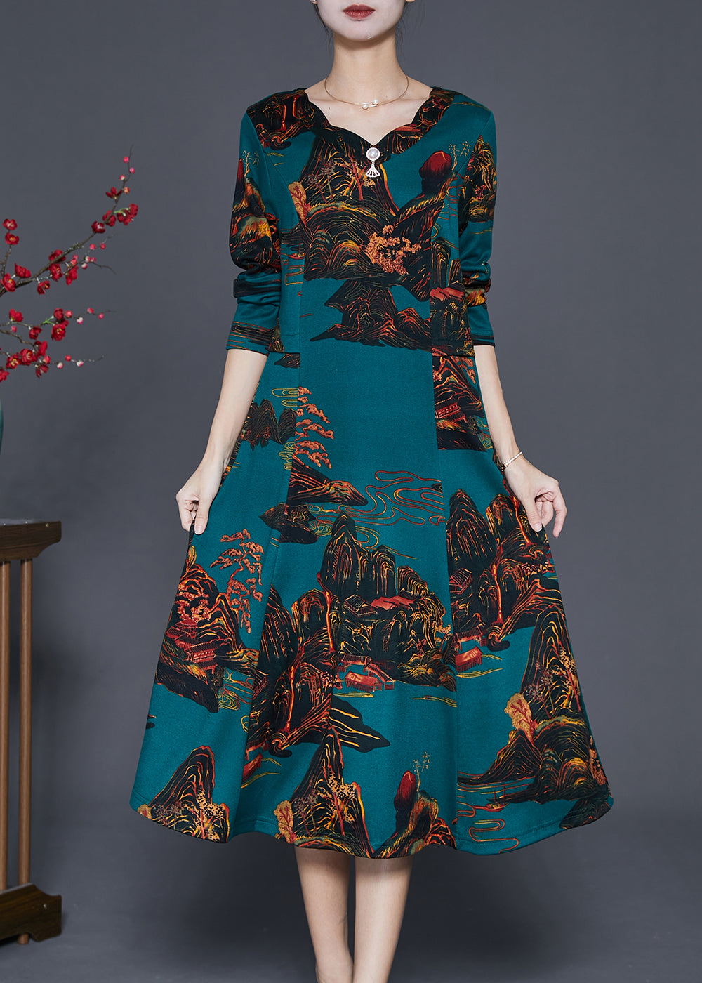 Blackish Green Print Silm Fit Cotton A Line Dresses Fall