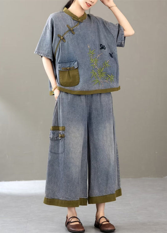 Blue Button Patchwork Denim 2 Piece Outfit Stand Collar Summer