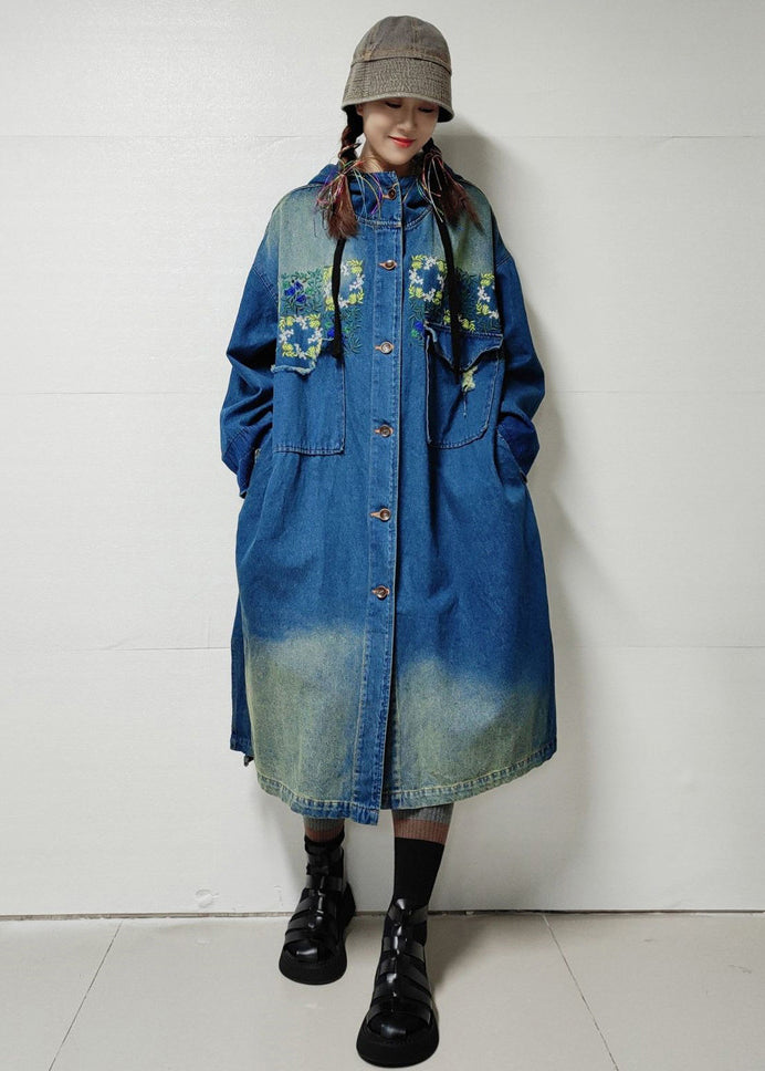 Blue Button Pockets Denim Trench Coat Embroidered Long Sleeve