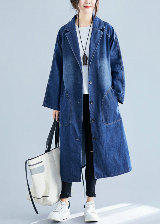 Blue Denim Trench Coats Oversized Pockets Fall