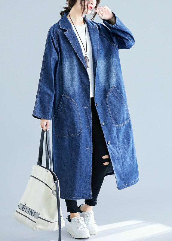 Blue Denim Trench Coats Oversized Pockets Fall