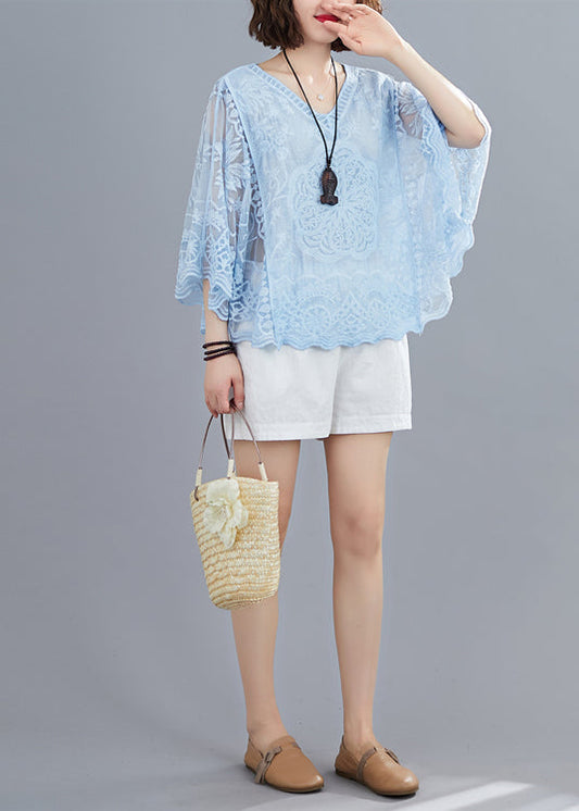 Blue Hollow Out Cotton Shirt Top Embroidered Batwing Sleeve