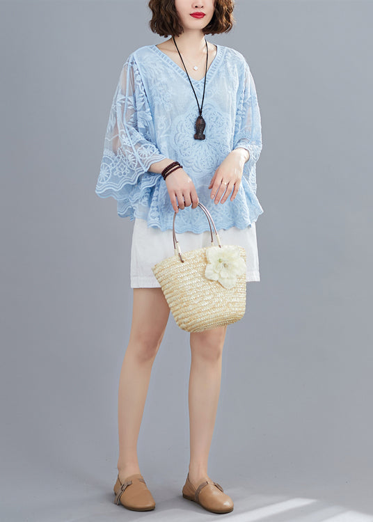 Blue Hollow Out Cotton Shirt Top Embroidered Batwing Sleeve