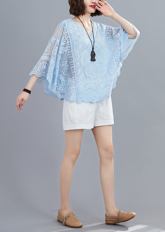 Blue Hollow Out Cotton Shirt Top Embroidered Batwing Sleeve