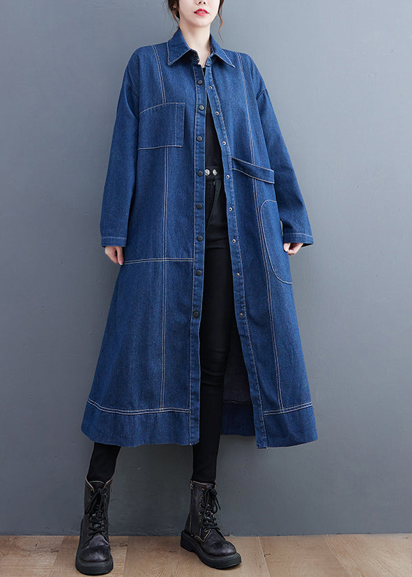 Blue Patchwork Denim Long Trench Coat Peter Pan Collar Long Sleeve