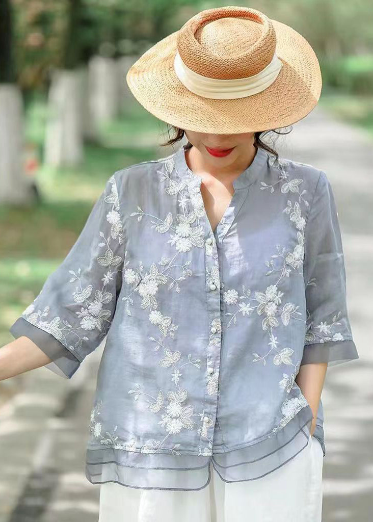 Blue Patchwork Linen Blouse Tops Embroidered V Neck Summer