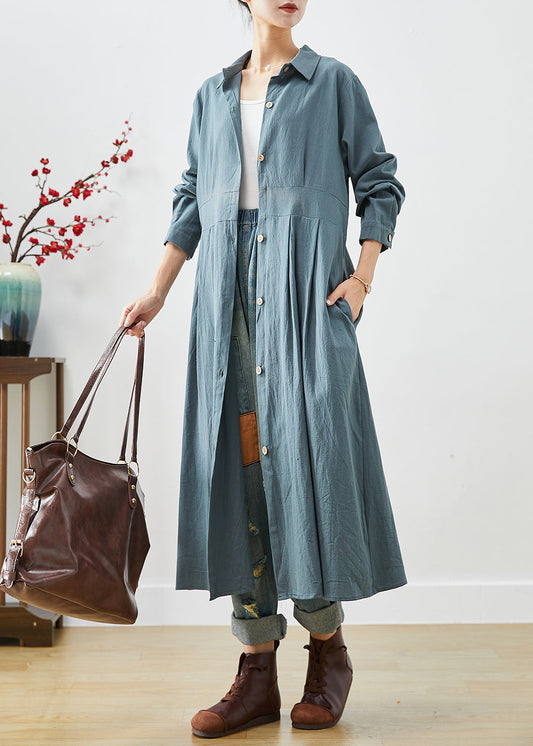 Blue Patchwork Linen Shirt Dress Peter Pan Collar Fall