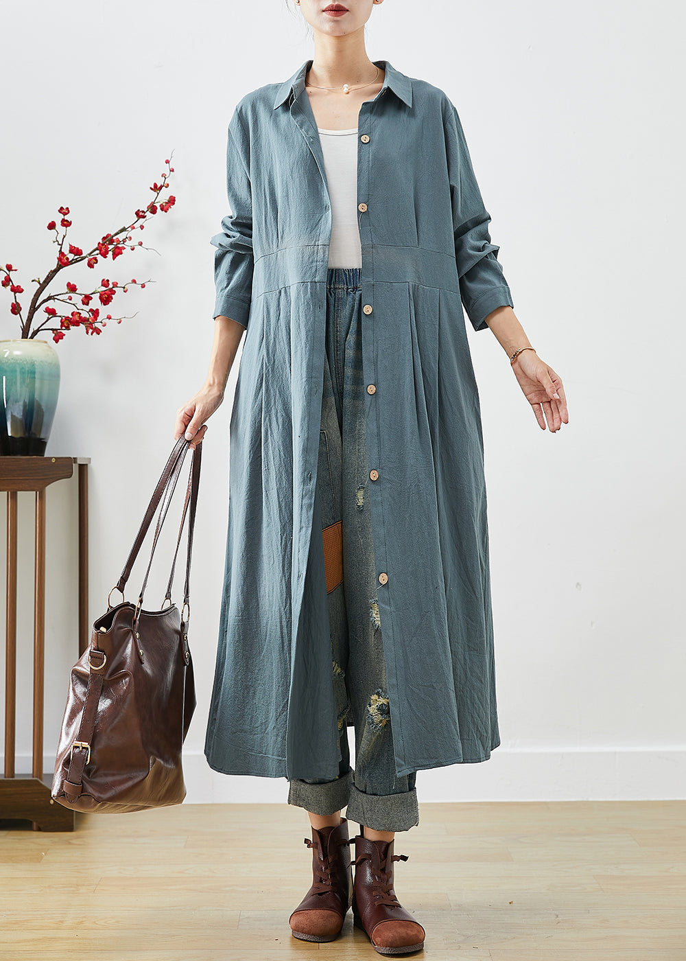 Blue Patchwork Linen Shirt Dress Peter Pan Collar Fall