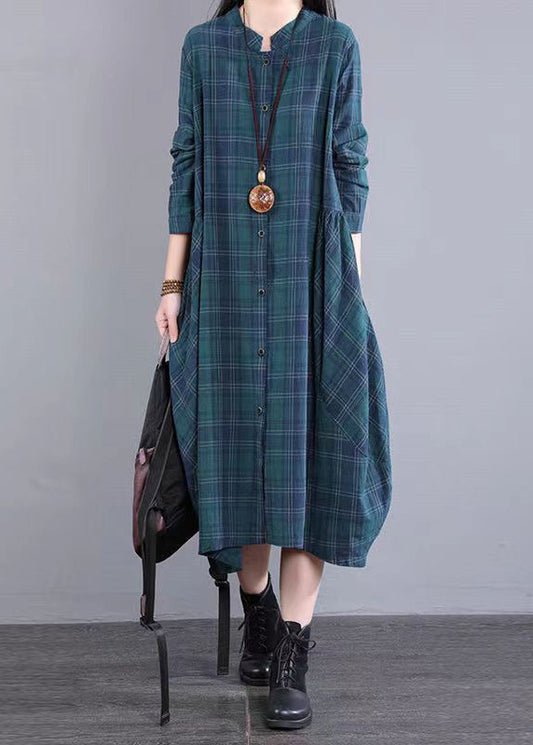 Blue Plaid Pockets Cotton Shirts Dress Stand Collar Fall