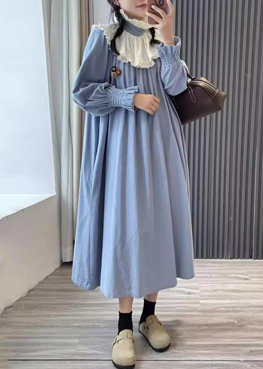 Blue Pockets Cotton Dress Peter Pan Collar Long Sleeve