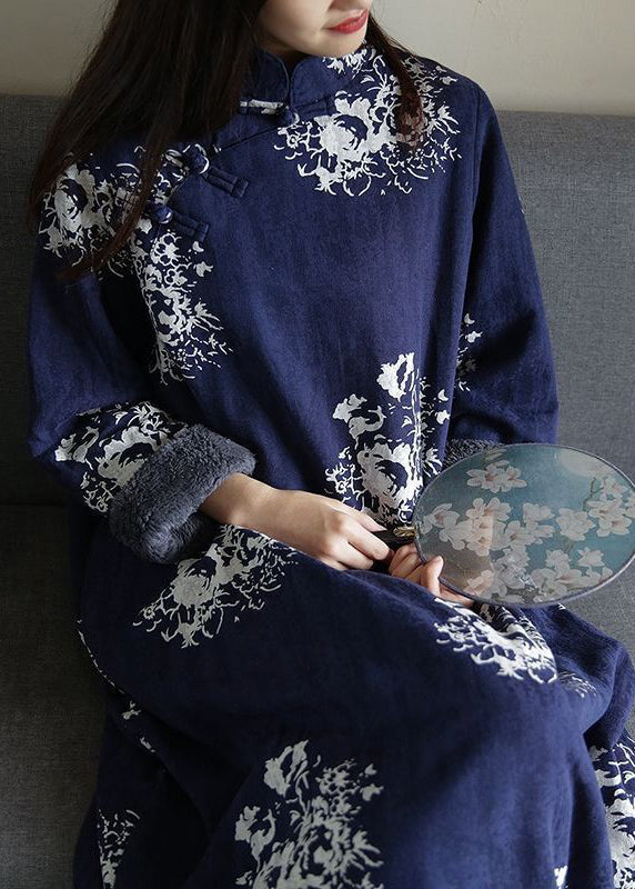 Blue Print Patchwork Fleece Dress Stand Collar Long Sleeve