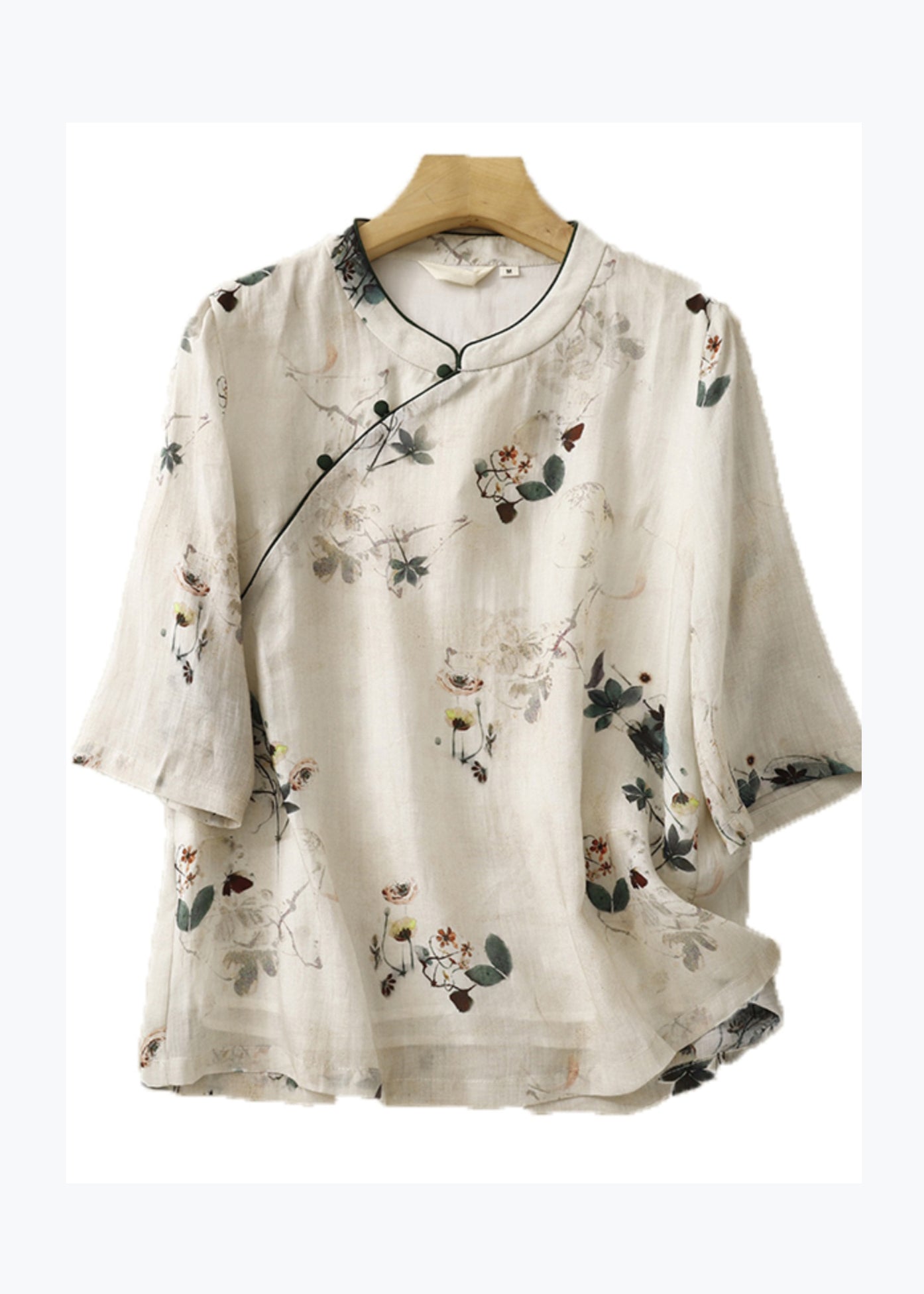 Bohemian Beige Stand Collar Print Linen Tops Summer