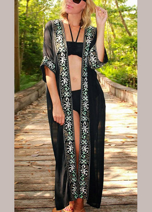 Bohemian Black V Neck Print Chiffon Long Beach Cardigans Summer