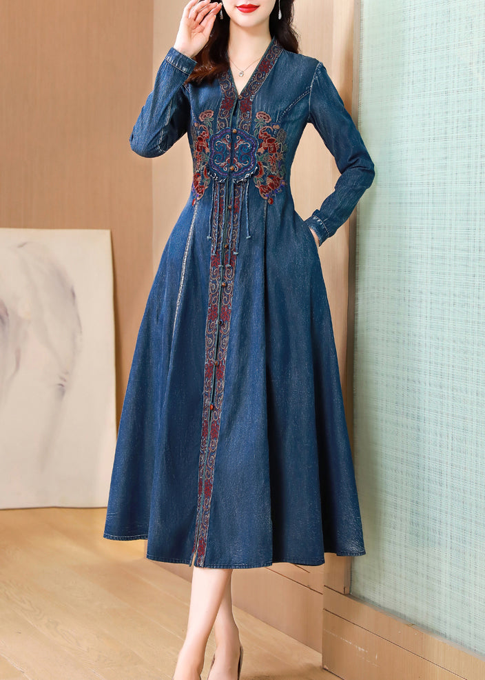 Bohemian Blue V Neck Embroidered Patchwork Denim Dresses Fall