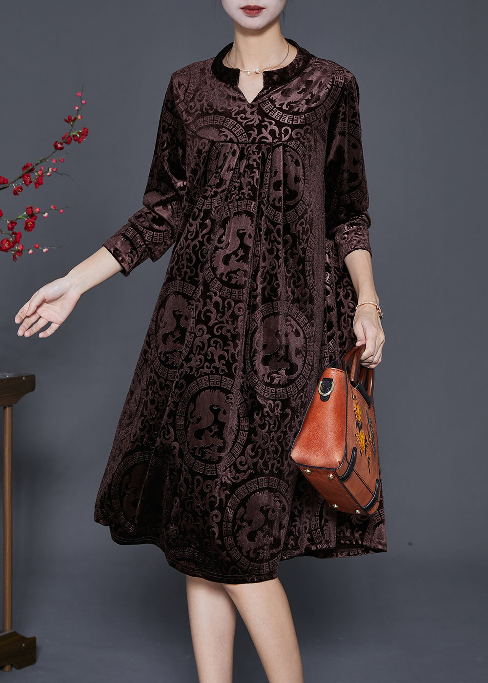 Bohemian Chocolate V Neck Print Silk Velour Maxi Dresses Fall