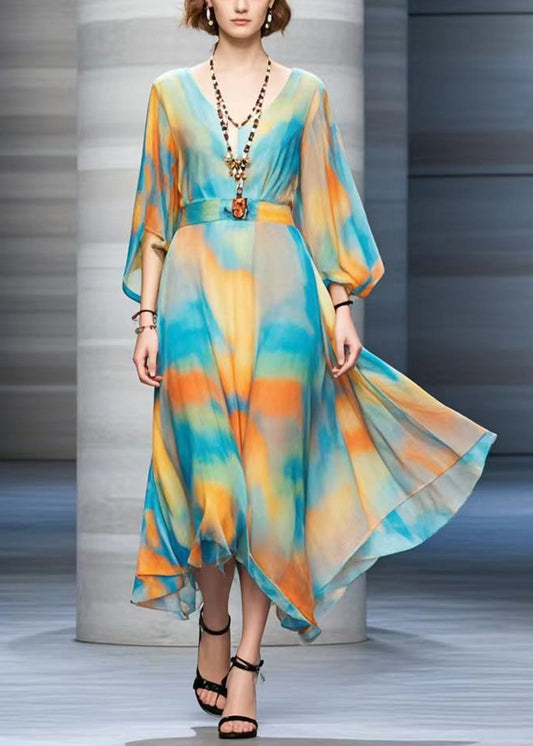 Bohemian Cinched Tie Dye Chiffon Maxi Dresses Fall