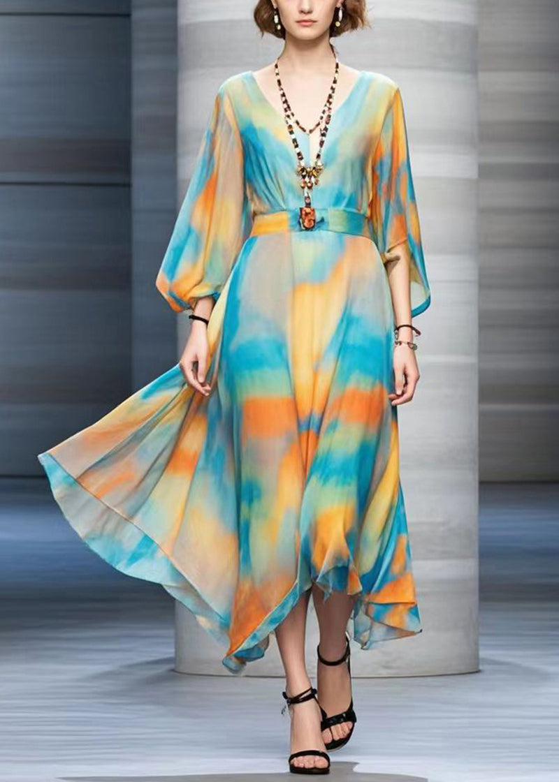 Bohemian Cinched Tie Dye Chiffon Maxi Dresses Fall